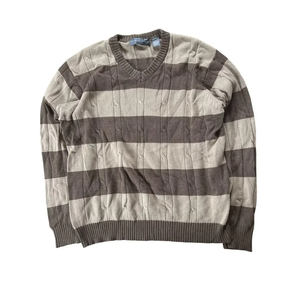 Oscar De La Renta Sweater Mens XL Brown Striped V-Neck Pullover Cotton Knit